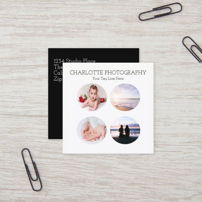 Modern svart och vit 4 foton Fyrkant Fyrkantigt Visitkort (Fram/Back In Situ)