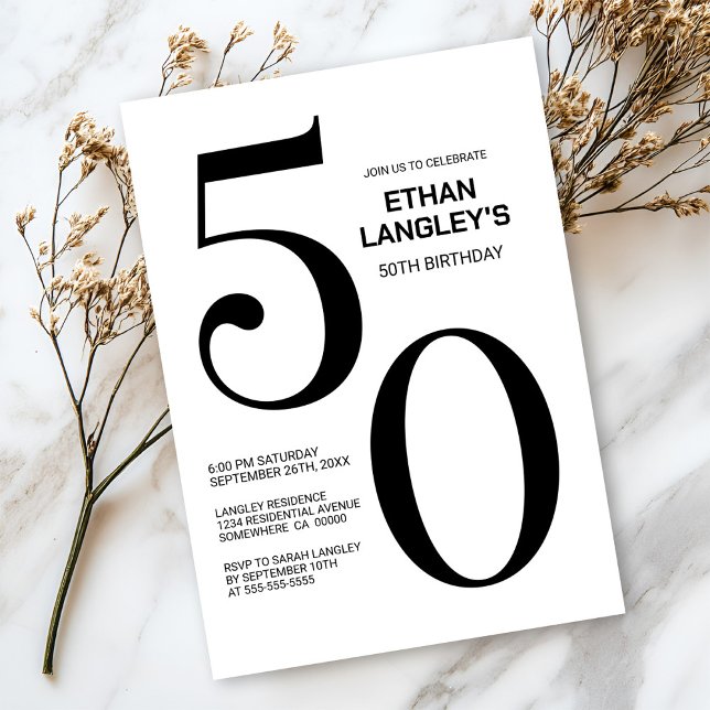 Modern svart och vit 50:e Födelsedagsfesten Inbjudningar (Skapare uppladdad)
