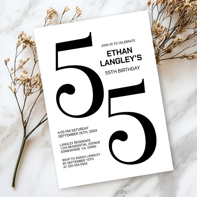 Modern svart och vit 55:e Födelsedagsfest Inbjudningar (Skapare uppladdad)