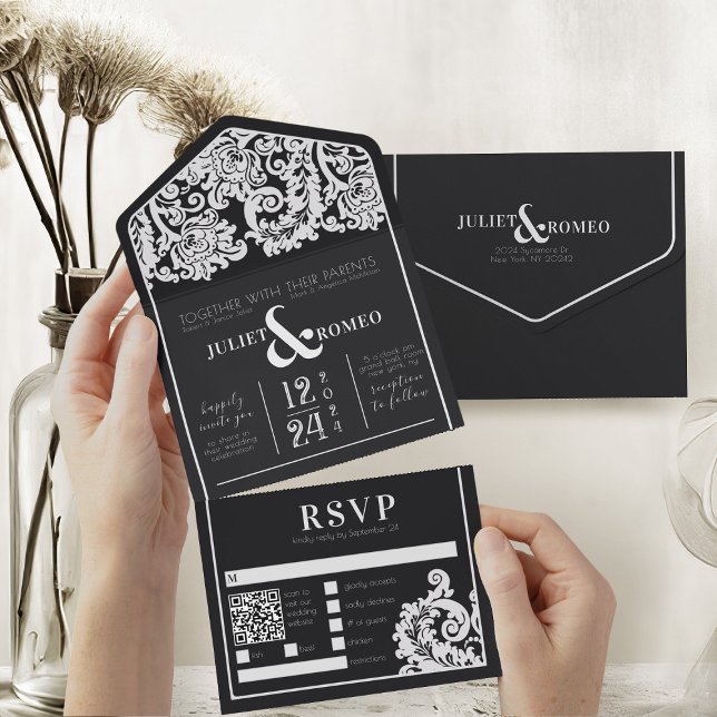 Modern svart och vit Blommigt, bröllop (modern black and white wedding theme elegant damask all in one wedding invitation and rsvp card)