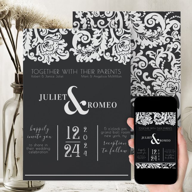 Modern svart och vit Blommigt, bröllop Inbjudningar (elegant black and white wedding theme floral damask modern wedding invitation )