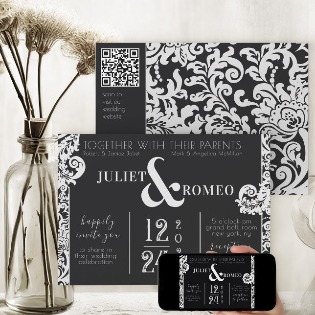 Modern svart och vit Blommigt, bröllop Inbjudningar (elegant black and white theme modern floral damask printable wedding  invitation)