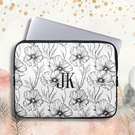 Modern svart och vit Blommigt Monogrammed Laptop Fodral