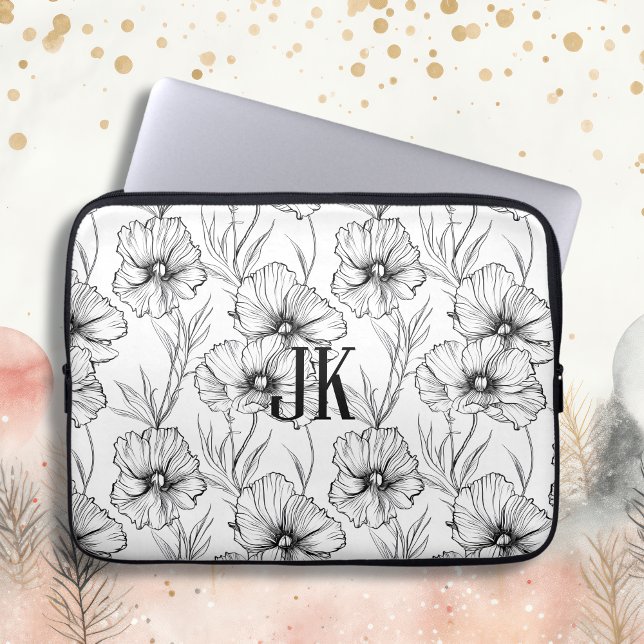 Modern svart och vit Blommigt Monogrammed Laptop Fodral (Skapare uppladdad)