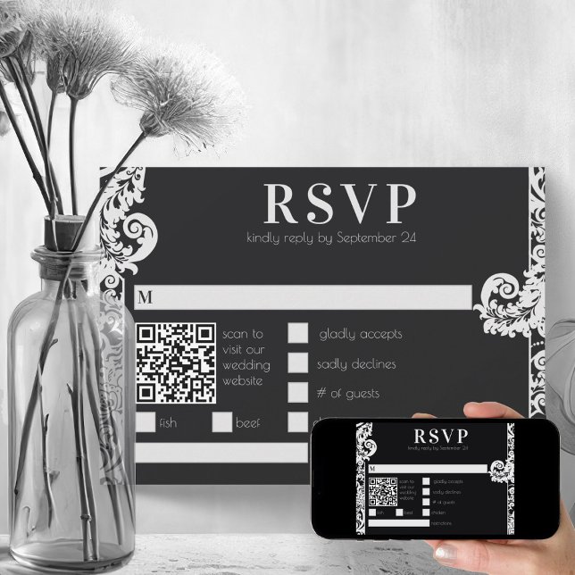 Modern svart och vit Blommigt, OSA vid bröllop Inbjudningar (elegant black and white wedding theme modern damask printable rsvp card)