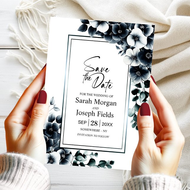 Modern svart och vit Blommigt Spara datum Inbjudningar (Skapare uppladdad)