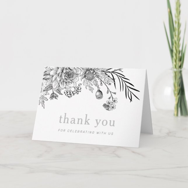 Modern svart och vit blomsterkort tack kort (Framsida)
