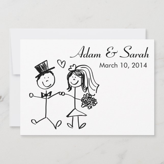Modern svart och vit brid och Groom Doodle Inbjuda Inbjudningar (Framsida)