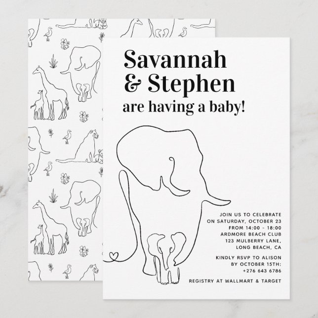 Modern svart och vit elefant, gemensam babystövel inbjudningar (Fram/baksida)