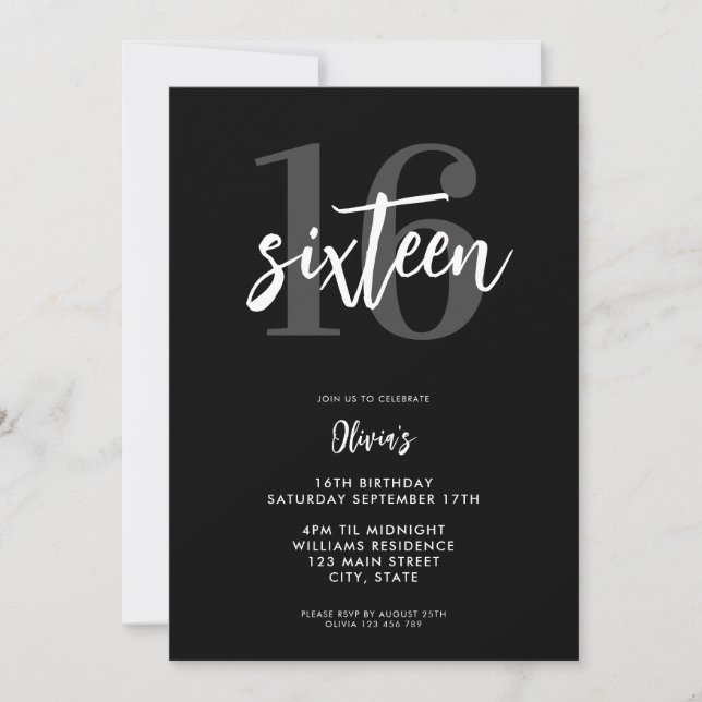 Modern svart och vit Elegant 16:e födelsedag Inbjudningar (Framsida)
