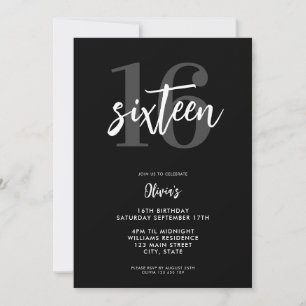 Modern svart och vit Elegant 16:e födelsedag Inbjudningar