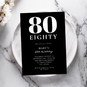 Modern svart och vit Elegant 80:e födelsedag Inbjudningar