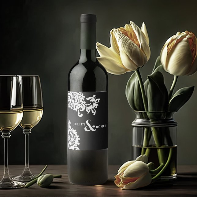 Modern svart och vit Elegant, bröllop Vinflaska Etikett (elegant black and white wedding wine label for wedding favors)