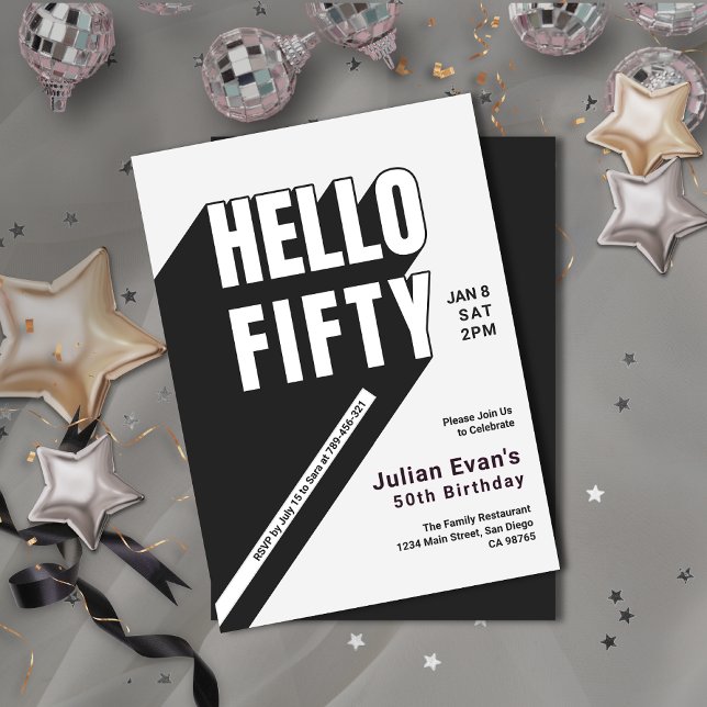 Modern svart och vit fetstil 50:e födelsedag inbjudningar (Modern Black & White Bold Typography 50th Birthday Invitation)
