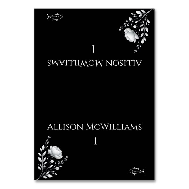 Modern svart och vit fisk i Elegant bröllop Bordsnummer (Framsidan)