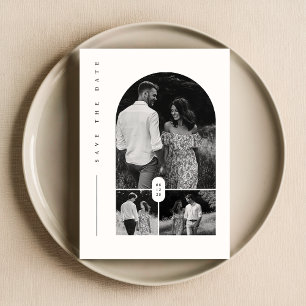 Modern svart och vit fotokollage sparar datumet inbjudningar