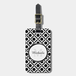 Modern svart och vit geometrisk monogram och Namn Bagagebricka
