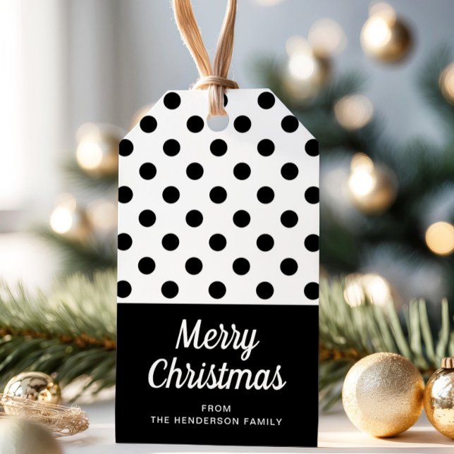 Modern Svart Och Vit God Jul Presentetikett (Black And White Polka Dots Merry Christmas Gift Tags)