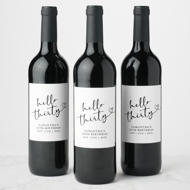 Modern svart och vit Hello 30 Födelsedag Vinflaska Etikett (Flaskor)
