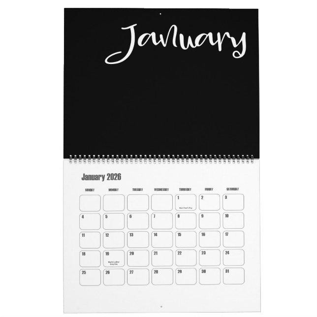 Modern svart och vit kalender (Jan 2026)