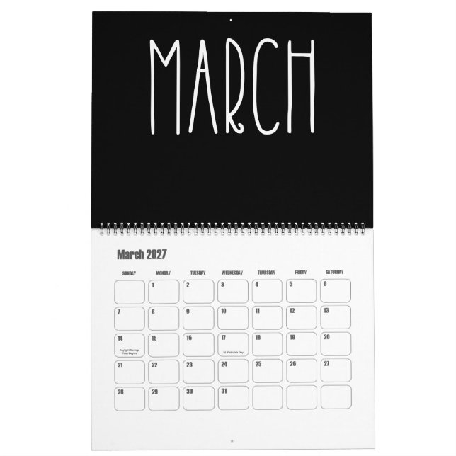 Modern svart och vit kalender (Mar 2027)