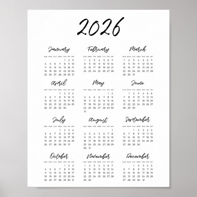 Modern svart och vit kalender för 2025 poster (Framsidan)