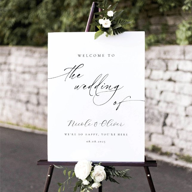Modern Svart och Vit Kalligrafi Bröllopsvälkomst Poster (Modern Black and White Calligraphy Wedding Welcome Sign)