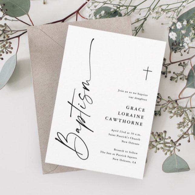 Modern svart och vit könsuppehåll i skript inbjudningar (Modern Elegant Black and White Script Gender Neutral Baptism Invitations.)