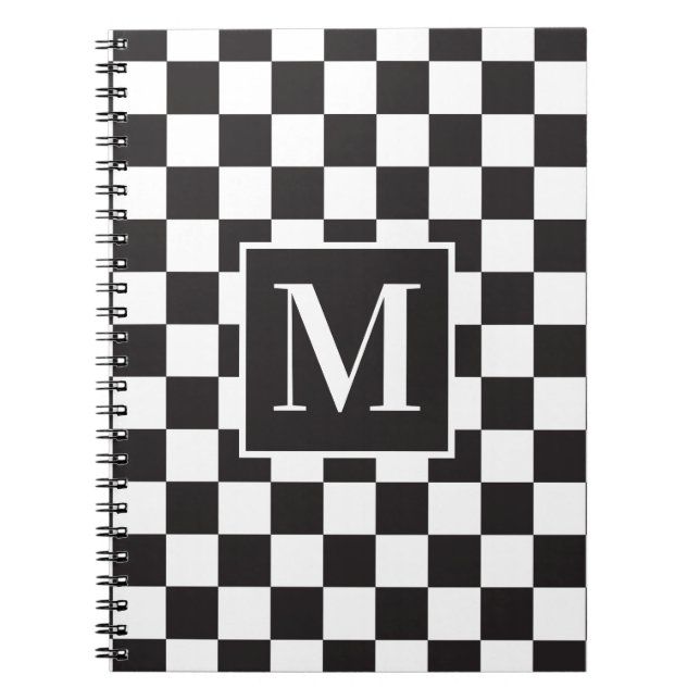 Modern svart och vit kontrollerad Mönster Monogram Anteckningsbok (Framsidan)