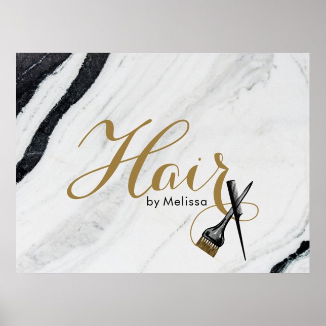 Modern svart och vit marble Guld Hair Stylist Poster (Framsidan)