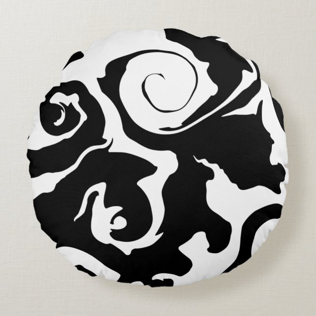 Modern svart och vit marmor-snörning rund kudde (Framsidan)