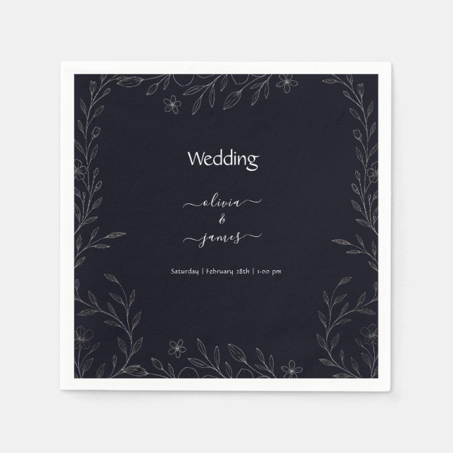 Modern, svart och vit, minimalistisk blommigt, vin pappersservett (Framsidan)