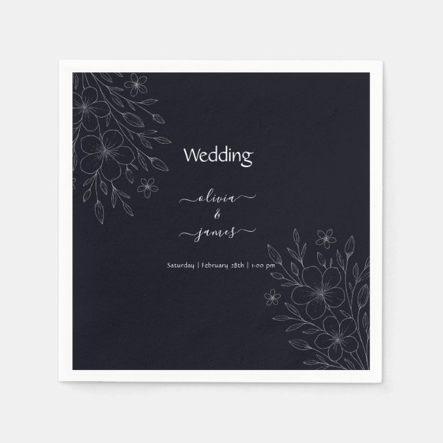 Modern, svart och vit, minimalistisk blommigt, vin pappersservett (Framsidan)