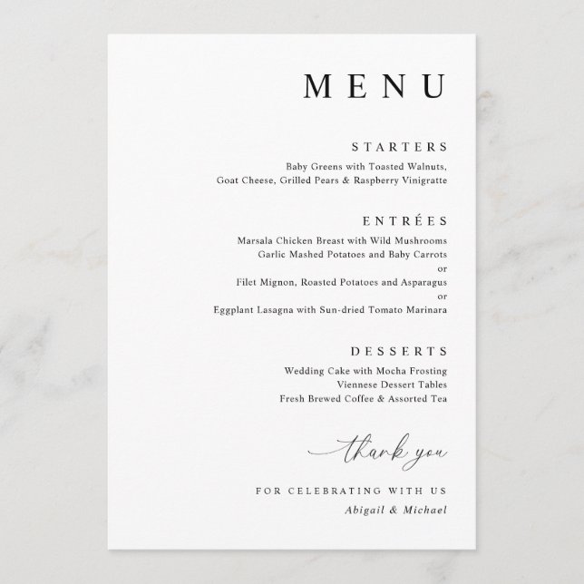 Modern svart och vit minimalistisk Bröllop Meny (Framsida)