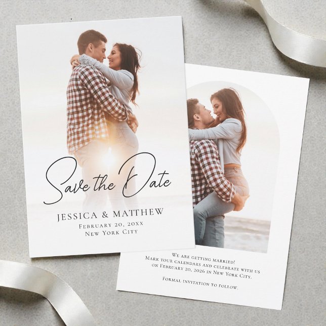 Modern svart och vit minimalistisk bröllopsfotogra spara datumet (Modern Black and White Minimalist Wedding 2 Photo Save The Date)