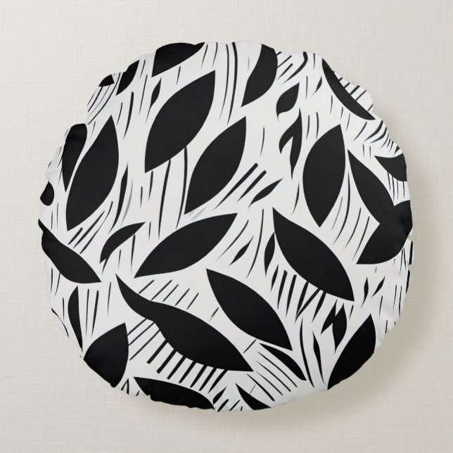Modern svart och vit minimalistisk Löv Mönster Rund Kudde (Framsidan)