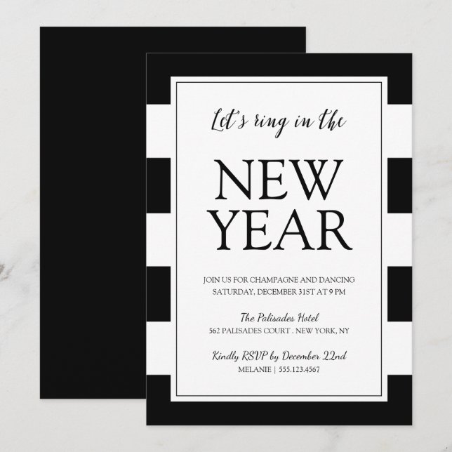 Modern Svart och Vit Nyårsafton Fest Inbjudan (Fram/baksida)
