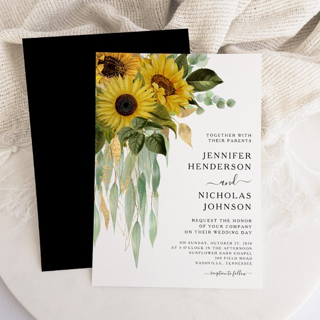 Modern svart och vit solros Bröllop Inbjudningar (Modern Black And White Sunflower Wedding Invitation)