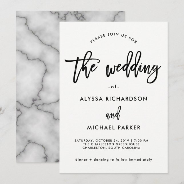 Modern svart och vit typografi | Marble Bröllop Inbjudningar (Fram/baksida)