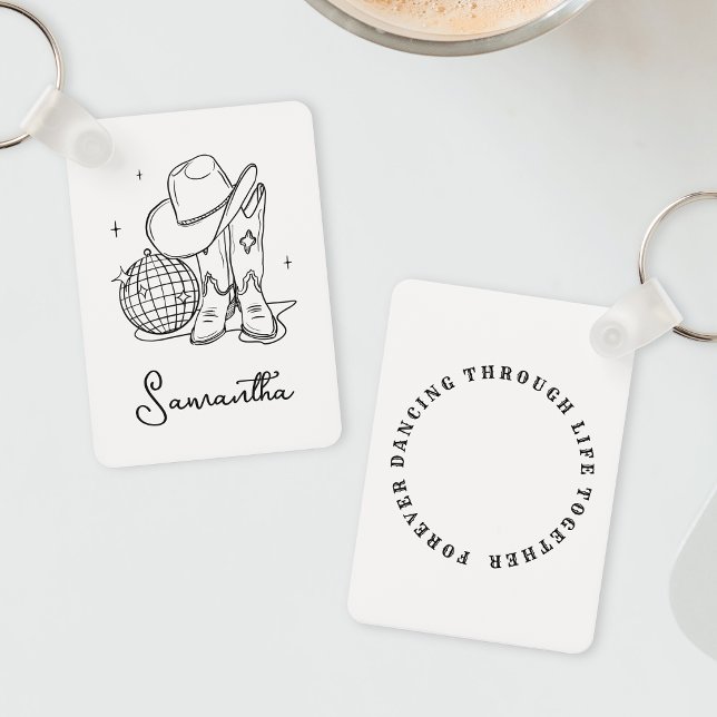 Modern Svart och Vit Västerländsk Disco Cowgirl Bä Nyckelring (Modern Black and White Western Disco Cowgirl Bff Keychain)