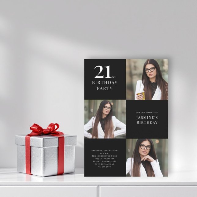 Modern svart och vitt 3 foto 21:a födelsedag inbjudningar (modern three photo 21st birthday party invitation chic elegance )