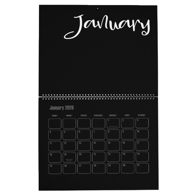 Modern svart och vitt fylld kalender (Jan 2026)