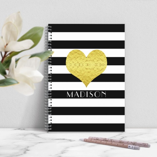 Modern Svart Och Vitt Guldhjärta Anteckningsbok (Modern Black And White Gold Heart Notebook)