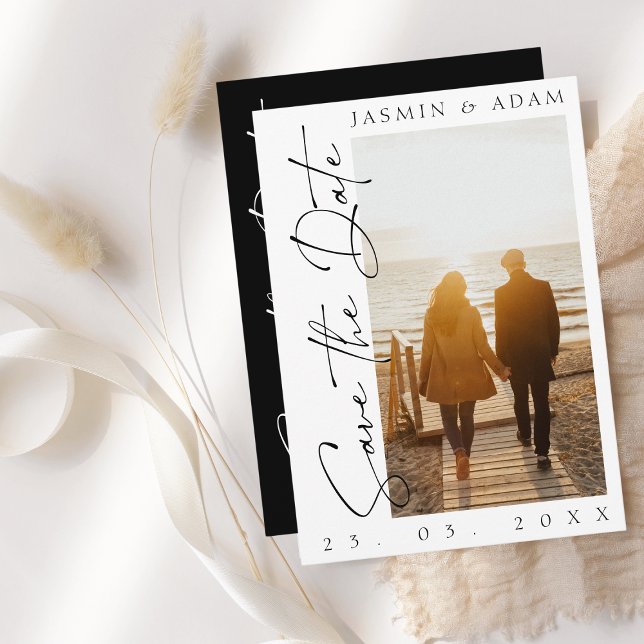 Modern svart och vitt skript, foto Bröllop Spara Datumet (Skapare uppladdad)