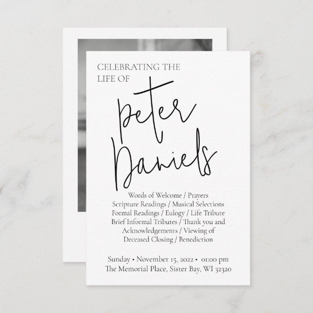 Modern svart och vitt skript - fotobegravningsprog inbjudningar (Fram/baksida)