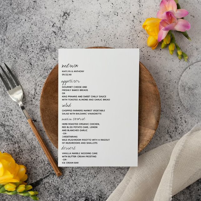 Modern svart och vitt skript - minimalistiskt Bröl Meny (Skapare uppladdad)