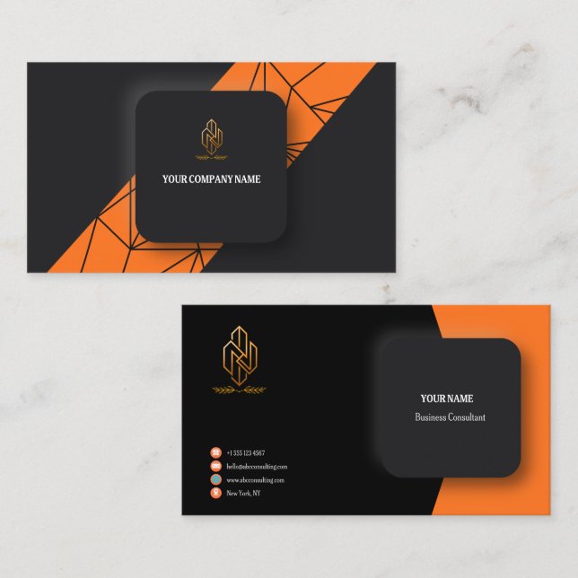 Modern svart orange guld visitkort  (Fram/baksida)