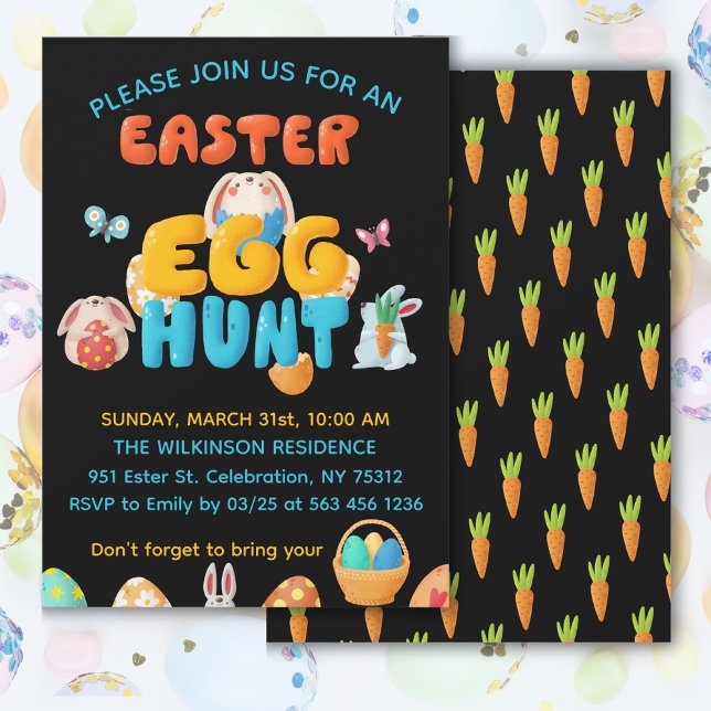 Modern Svart Påskäggjakt Festligheter Inbjudningar (Get this playful and colorful invitation for your Easter celebration, customize it today!)