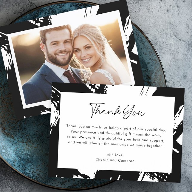 Modern svart penselpenselbild bröllop tack kort (Modern black messy brushstrokes photo wedding thank you card)