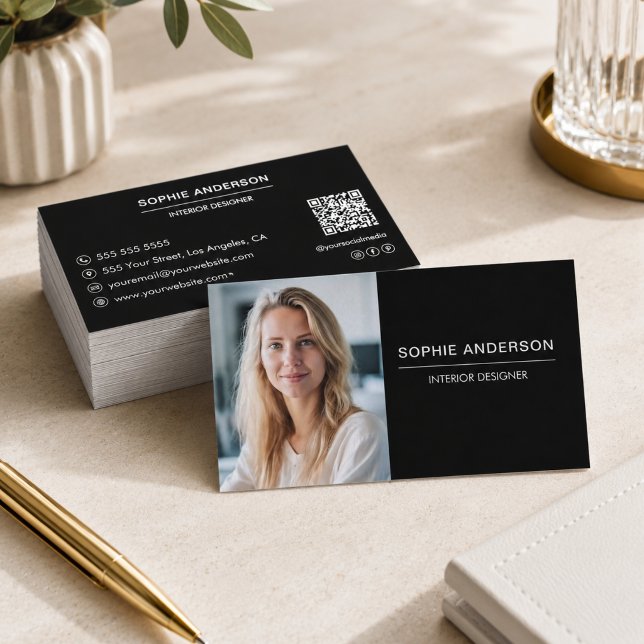 Modern Svart Professionell Foto QR-kod Visitkort (Modern Black Professional Photo QR Code Business Card)